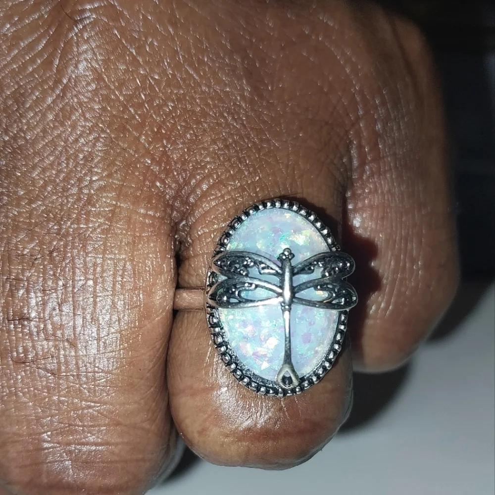 Vintage Elegant Silver Dragonfly Opal Ring Sz 8